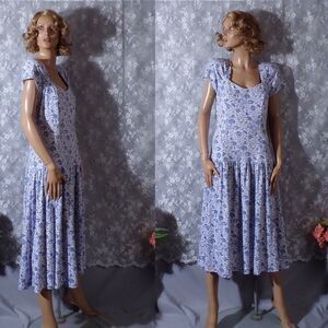 Vintge 80s Dress 1980s Drop Waist Blue & White Floral Cottage Pretty Size Medium
